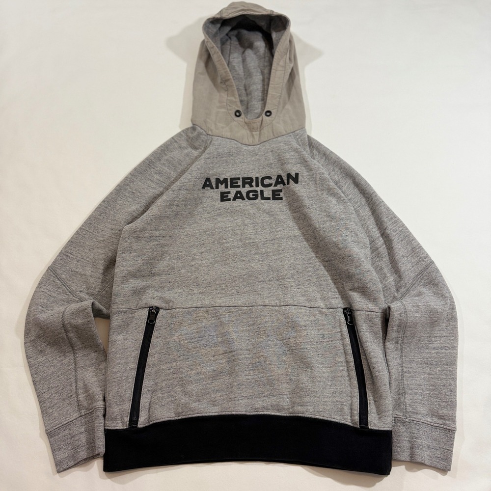 American Eagle Hoodie Mens Small Grey Colorblock Zipper Pockets Logo Pullover